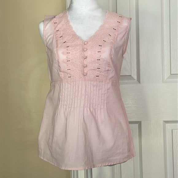 Marina Luna Sleeveless Blouse Beaded Lace Pintuck Gathered Tie at Waist Cotton S - Picture 1 of 11